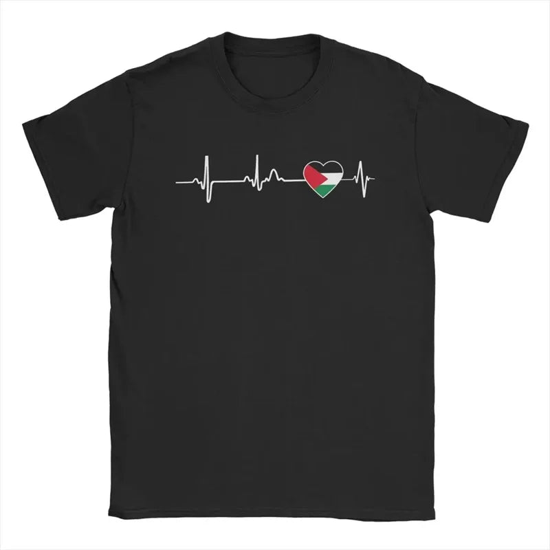 Heartbeat Palestine Flag T-Shirt Men'S Short Sleeve Crew-Neck T Shirt New In Casual Oversized Men's Tee Shirt Clothing