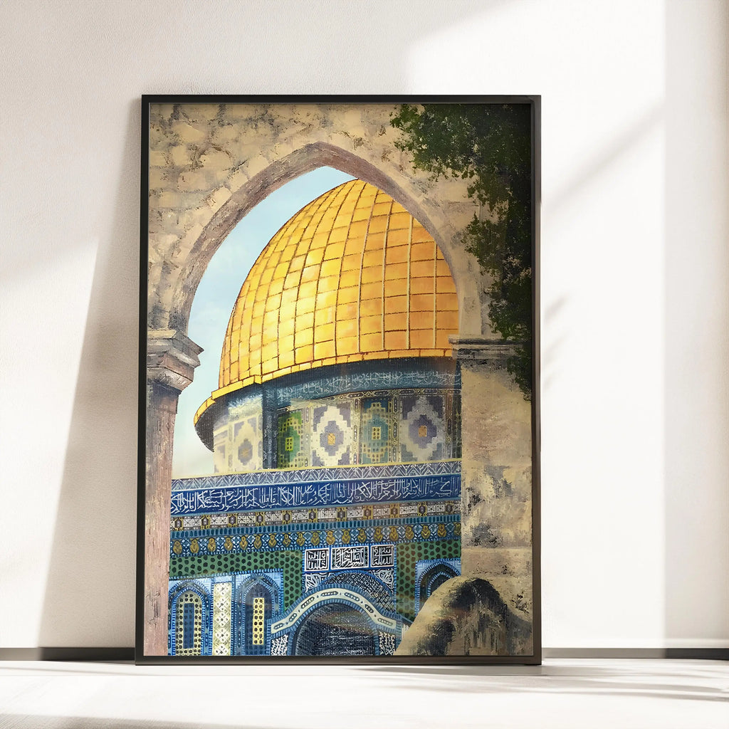 Palestine Art Prints, Mosque Print Home Decor Wall Art of Al Aqsa Mosque, Islamic Art for Living Room, Gold Dome Poster, Gift