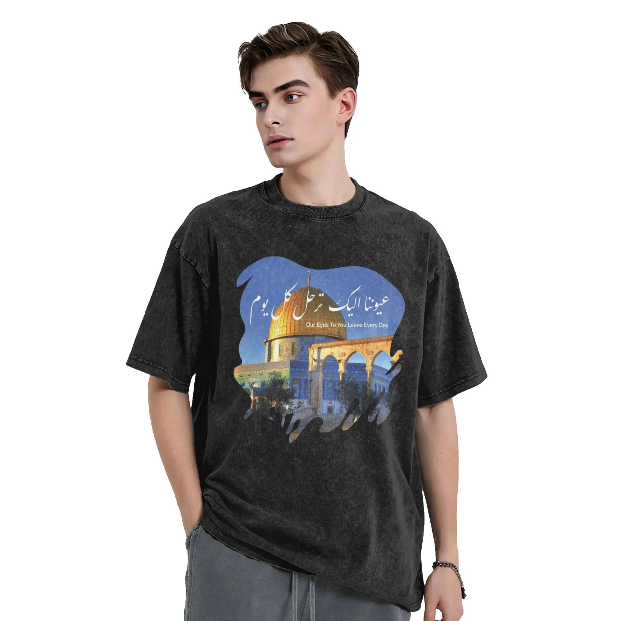 Men Palestine Jerusalem T Shirts Palestinian Arabic Calligraphy Dome of the Rock Clothes Summer Vintage Short-Sleeve T Shirt
