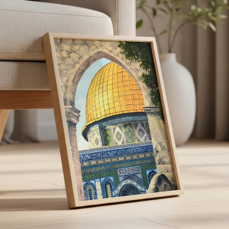 Palestine Art Prints, Mosque Print Home Decor Wall Art of Al Aqsa Mosque, Islamic Art for Living Room, Gold Dome Poster, Gift