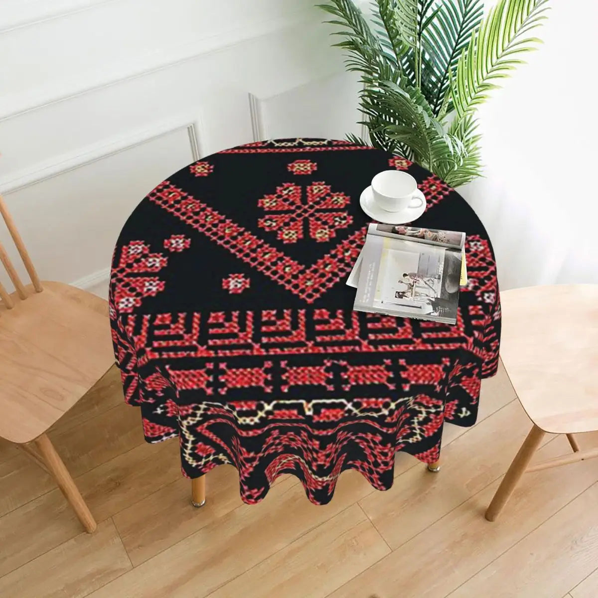 Three Flowers Palestinian Embroidery Waterproof Round Tablecloth Oilproof Table Cloth for Kitchen Events Dining Table Cover